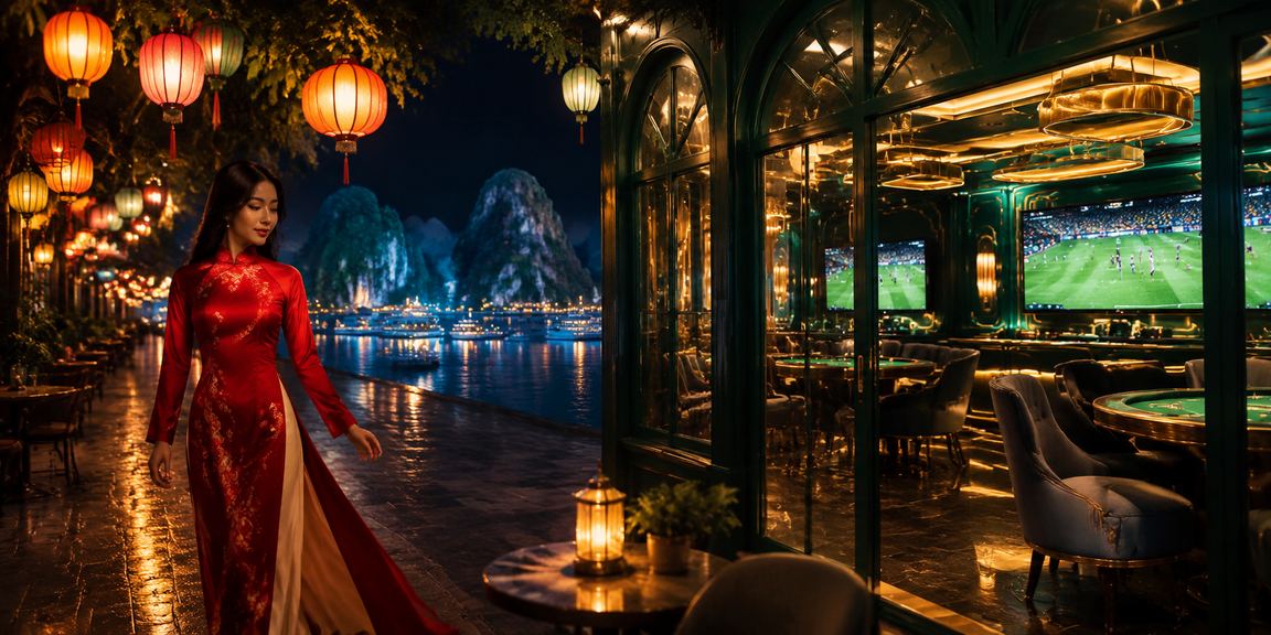 Khung cảnh vịnh Hạ Long với người dùng mặc áo dài thưởng thức casino và cá cược trực tuyến