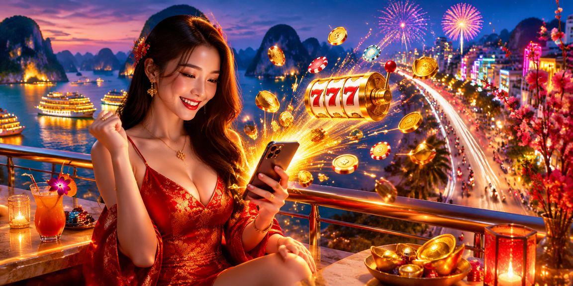 Khung cảnh neon rực rỡ trên vịnh Hạ Long với trải nghiệm slot game trực tuyến