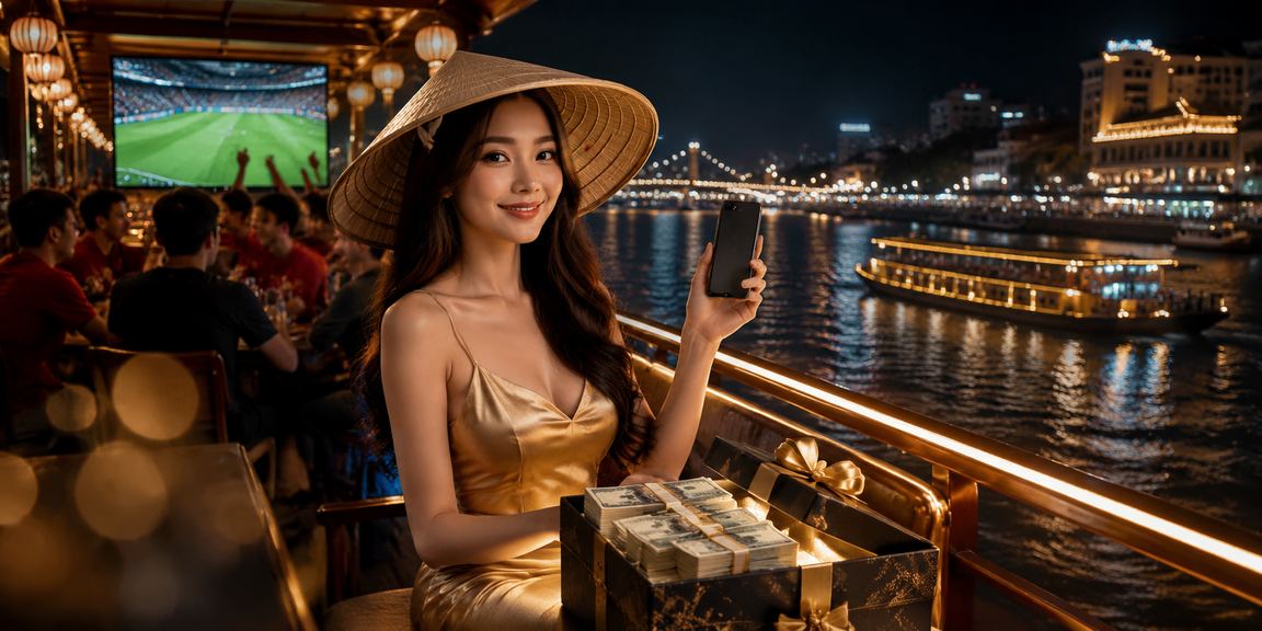 Người phụ nữ đội nón lá tại vùng sông Mekong tham gia casino trực tuyến trên điện thoại di động